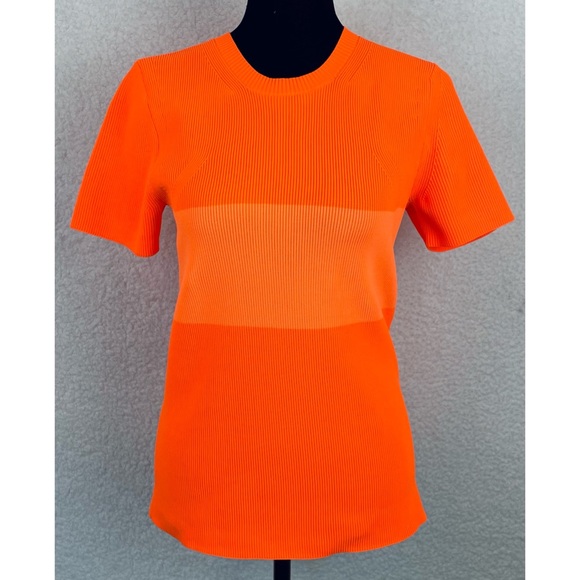 HELMUT LANG • Neon Orange Stripe Ribbed Knit Short Sleeve Tee - Picture 8 of 12